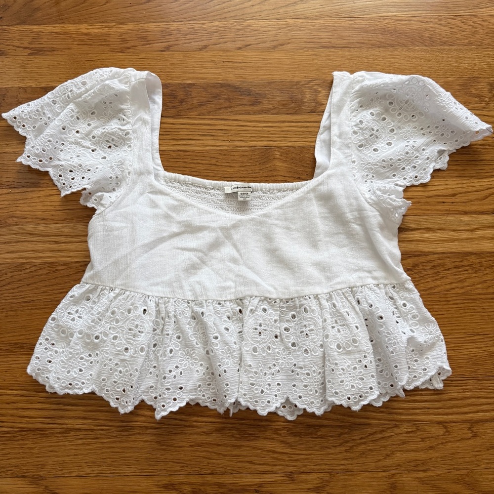 American Eagle white eyelet babydoll coquette ruffle crop top Small